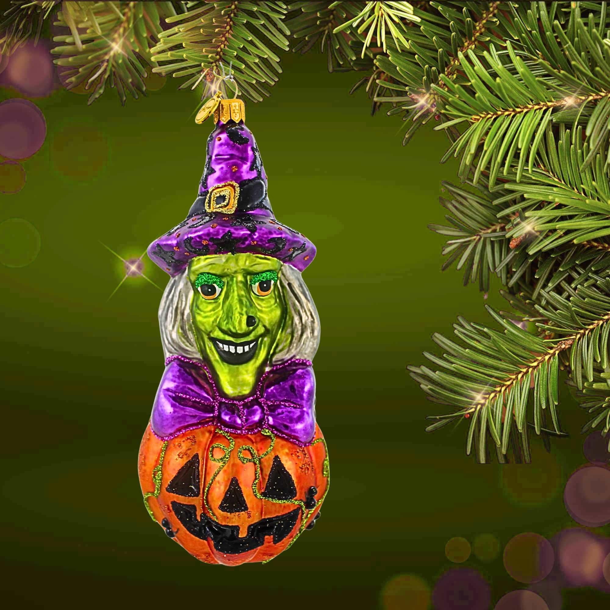 Spooksy™ Blu Bom Witch On A Pumpkin Glass Ornament Halloween Jol Wicked 2022115