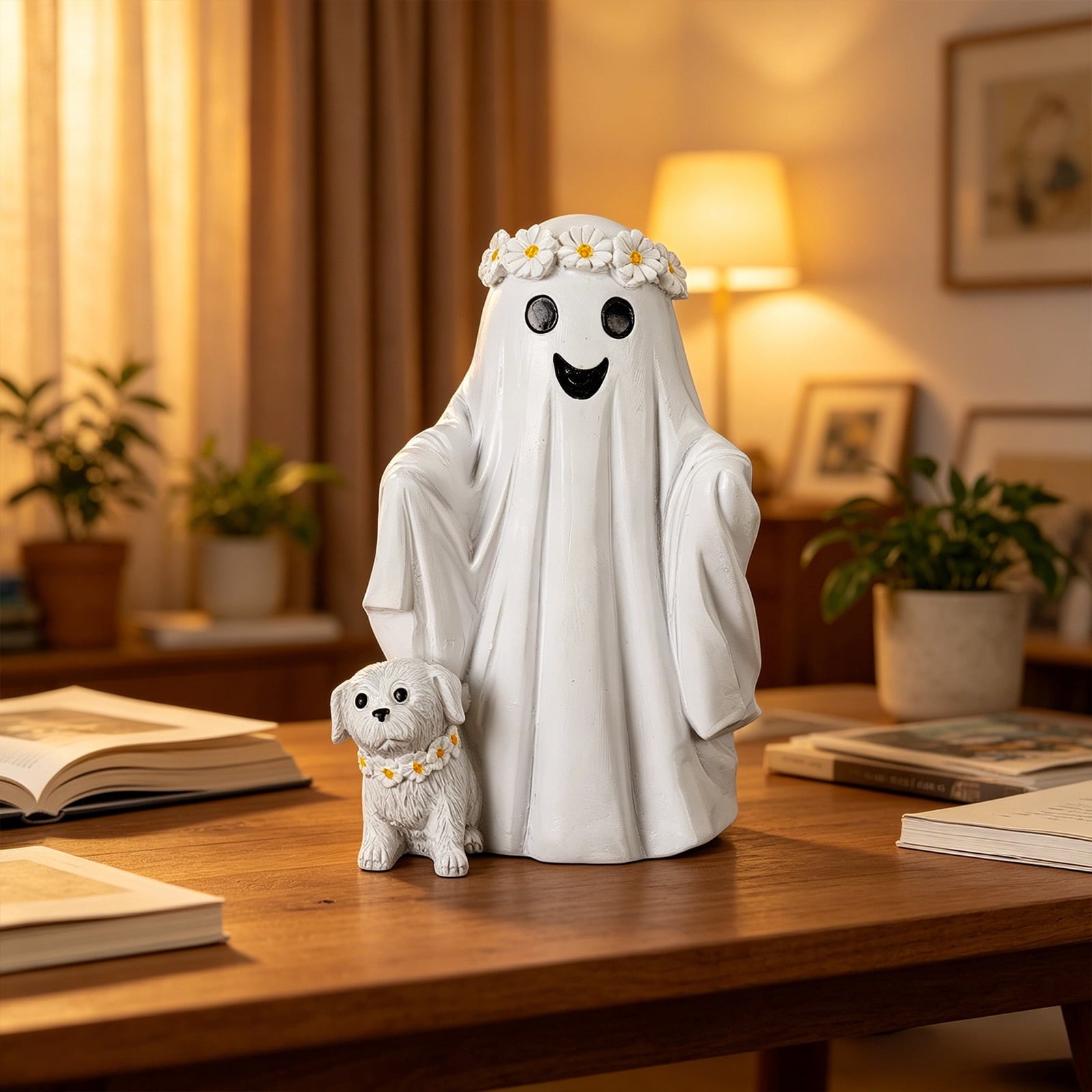 Spooksy™ Hand Painted White Ghost Walking Dog Statue Weatherproof Halloween Ornament for Farmhouse Porch Indoor Shelf Seasonal Decor(Whiteï¼?