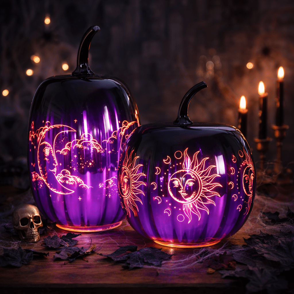 Spooksy™ 2pcs Fall Halloween Pumpkin-Purple Glass Pumpkin Ornament with Enchanted Moon & Star Pattern and Built - in Fairy Lights for Decor