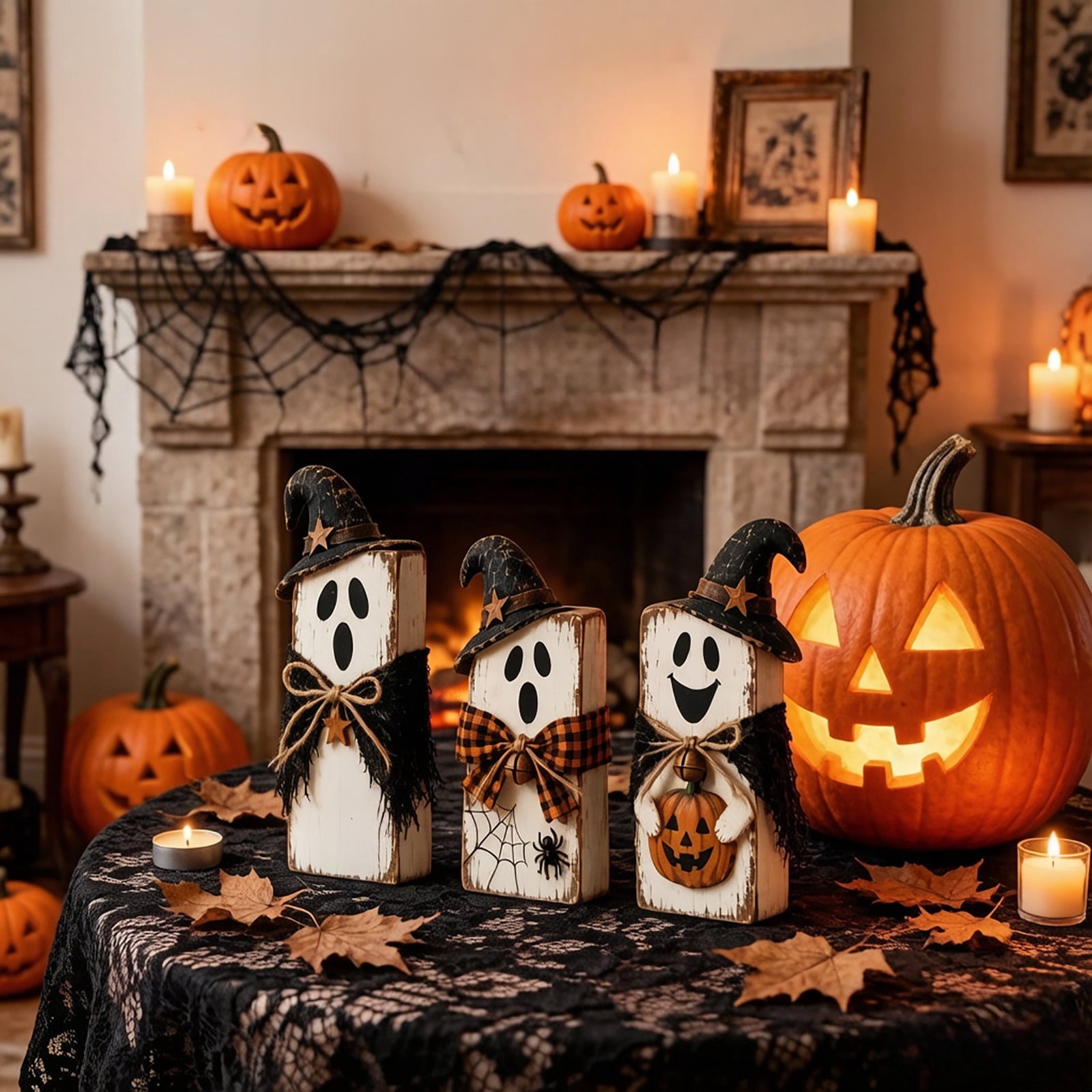 Spooksy™ PLLFRLRT Wooden Halloween Decorations Set Of 3 Fall Mantel Decor Ornaments Farmhouse Tabletop Signs with Witch Hat