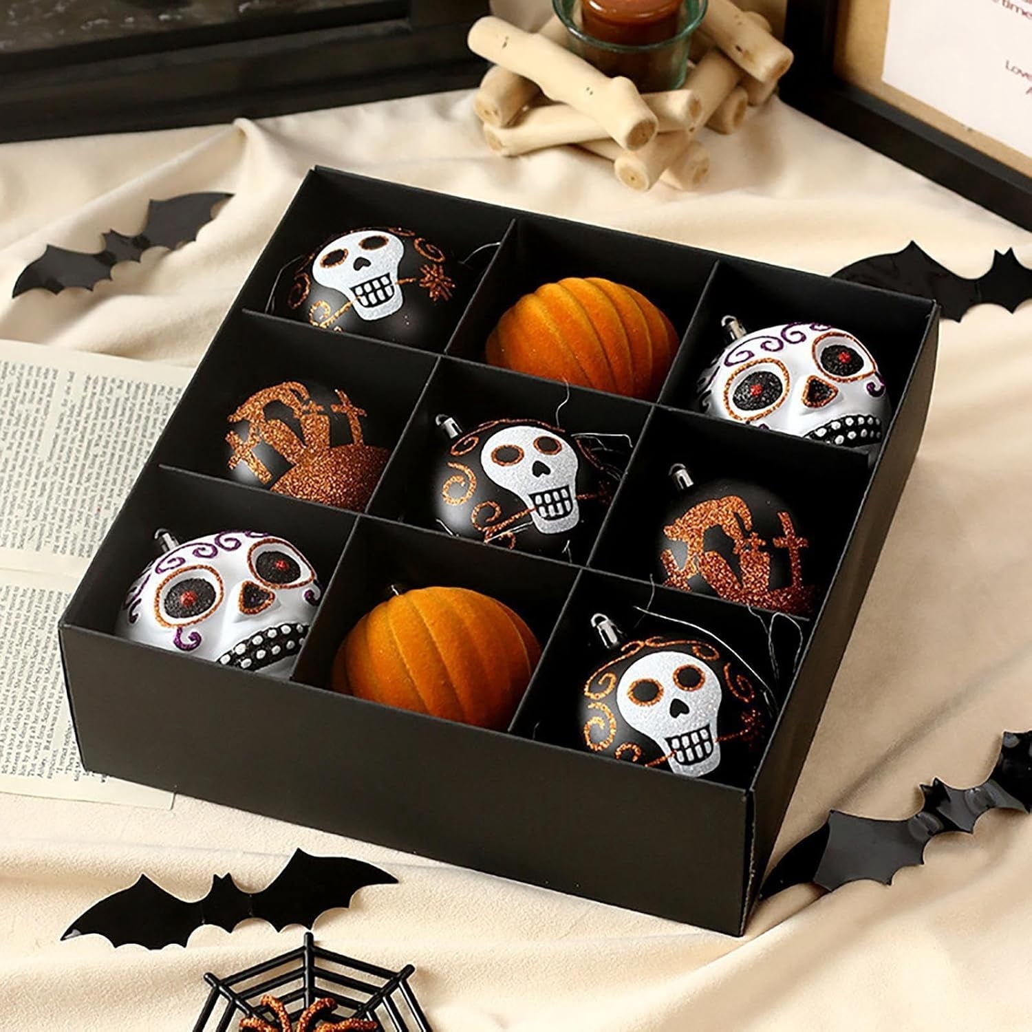 Spooksy™ Halloween Ornaments for Tree - 9 Pieces Spooky Gothic Hanging Pendant Balls, Shatterproof ABS Indoor Halloween Decorations for Hoe & Office Decorm