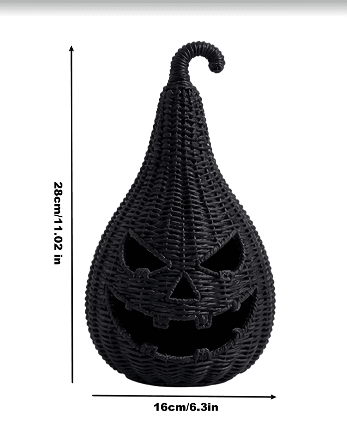 Spooksy™ THOPBPRK 11" Black Handwoven Rattan Teardrop Jack-O'-Lantern Pumpkin Decor, Halloween Tabletop Ornament, Indoor Fall Home Decoration, Pumpkin Ornament for Doorstep Halloween Party