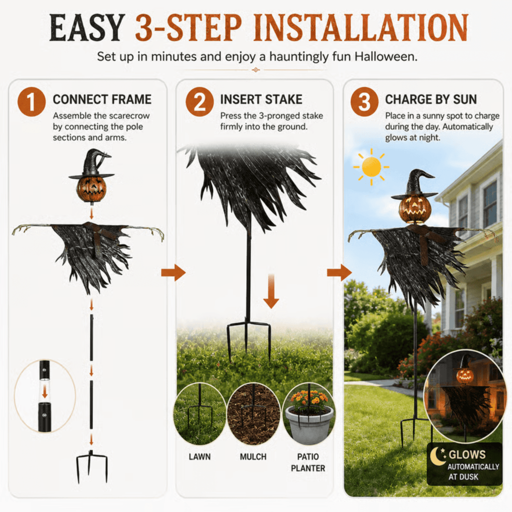 Spooksy™ Solar Lighted Pumpkin Scarecrow Sentinel, Handâ??Painted Metal Lightâ??Up Jackâ??oâ??Lantern Ornament, Solar Powered Yard Art, Spooky Decor for Halloween Party, Garden and Backyard