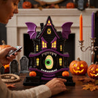 Spooksy™ Light Up Gothic Monster House Figurine, Built In Warm Internal Illumination Castle Decor, Anti Toppling Detailed Sculpted Desktop Ornament for Household Indoor Halloween Party Display