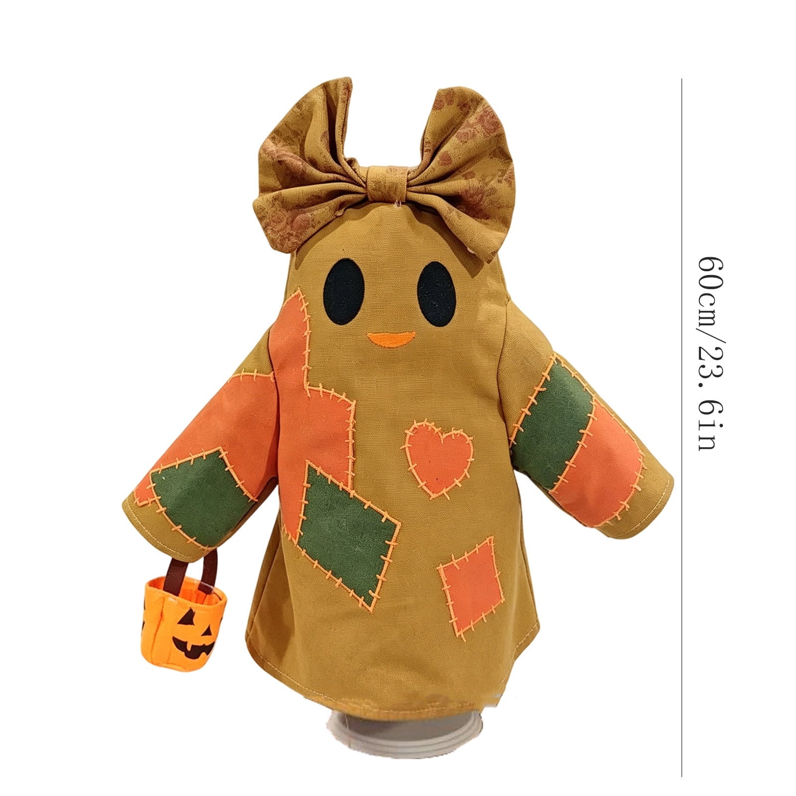 Spooksy™ Halloween Vintage Patchwork Ghost Doll, Linen Fabric Bow Ghost Ornament With Mini Pumpkin Bucket, Farmhouse Tabletop Hanging Holiday Decor