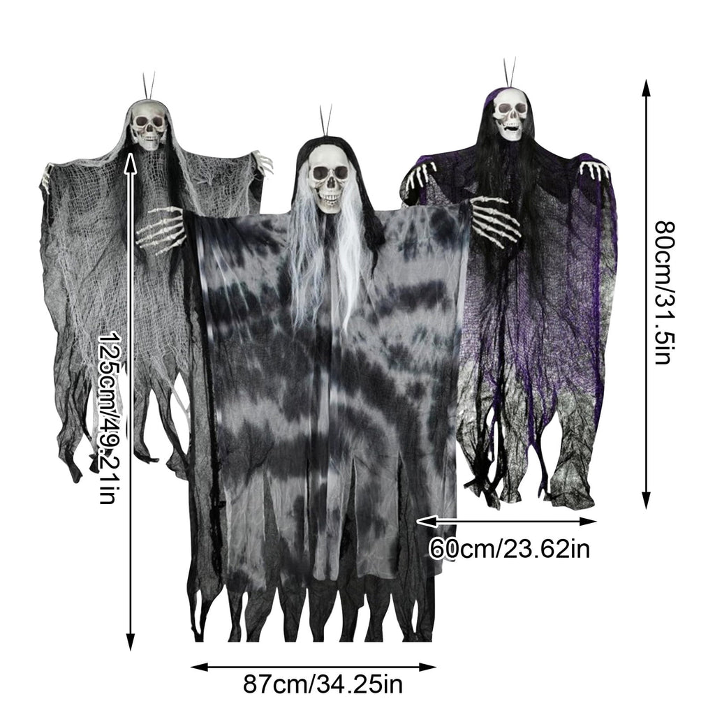 Spooksy™ 3 Pcs Hanging Halloween Skeleton Ghosts Decorations, Halloween Ornaments Outdoor/Indoor, Hanging Grim Reapers Halloween Decorations for Tree Yard Window Garden