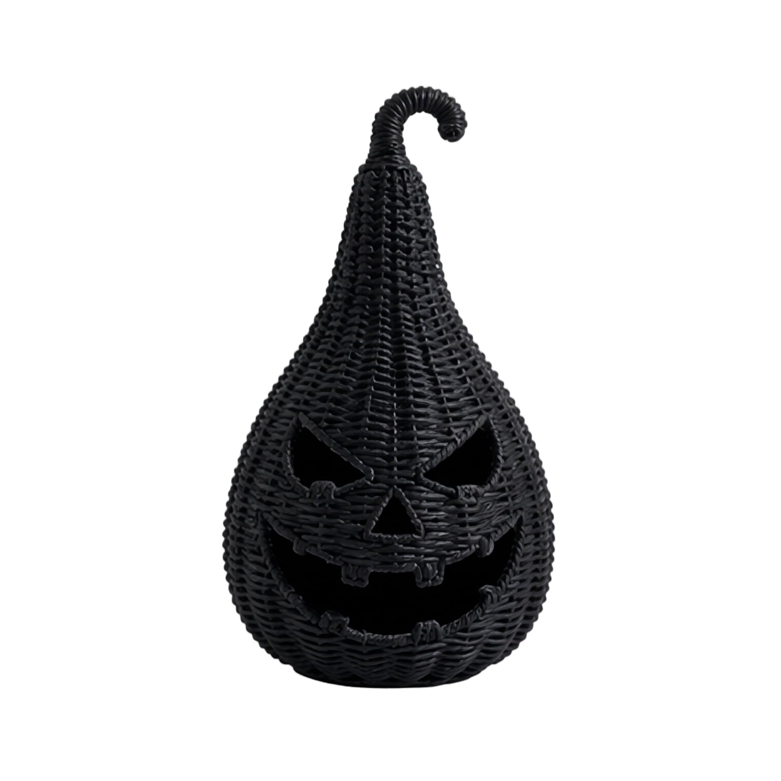 Spooksy™ THOPBPRK 11" Black Handwoven Rattan Teardrop Jack-O'-Lantern Pumpkin Decor, Halloween Tabletop Ornament, Indoor Fall Home Decoration, Pumpkin Ornament for Doorstep Halloween Party