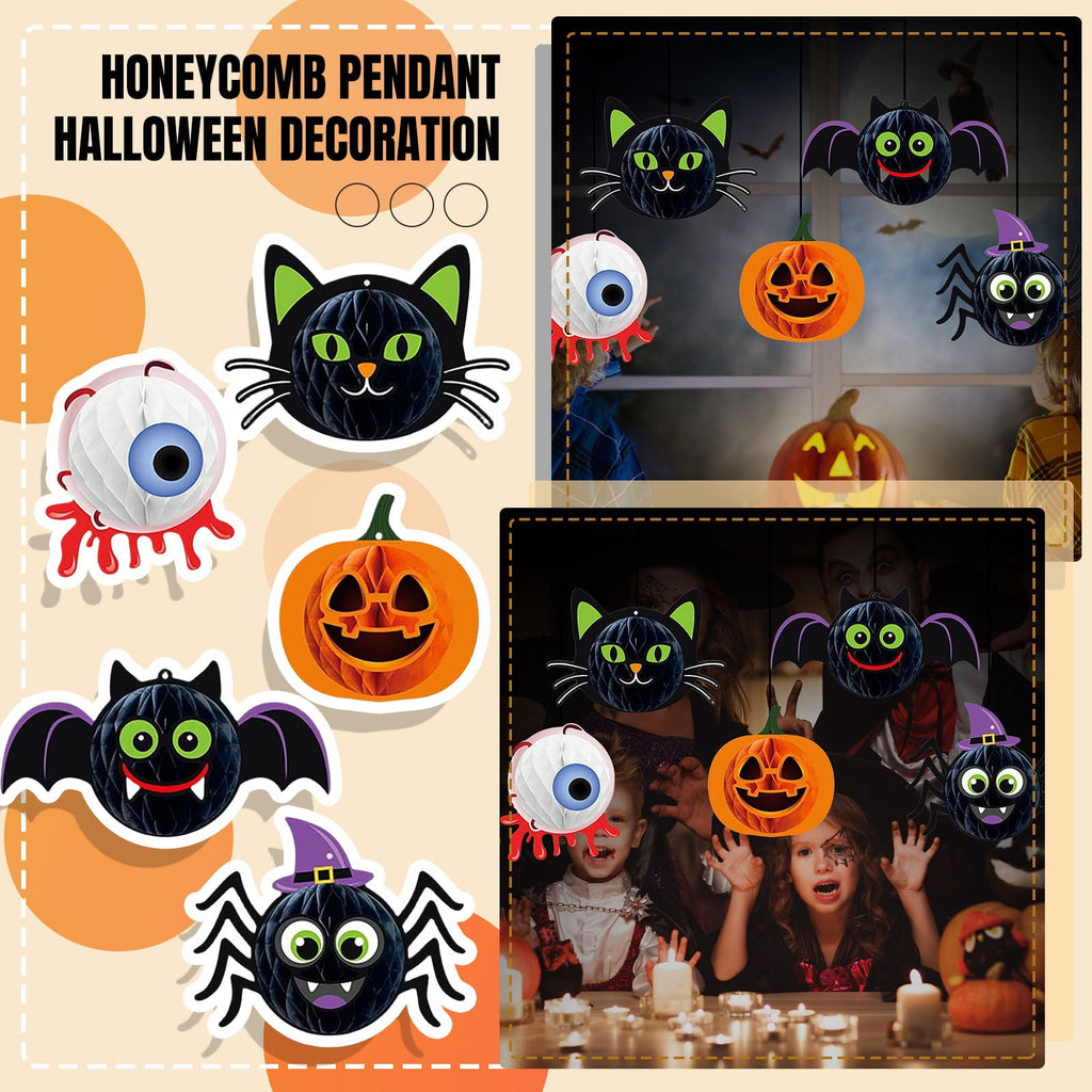 Spooksy™ Halloween Party Decorations 3D Hanging Honeycomb Ornaments Retro Pumpkin Skull Ghost Paper Ornaments Set with Hanging Rope for Indoor Haunted House Ceiling Decor 6 Pcs