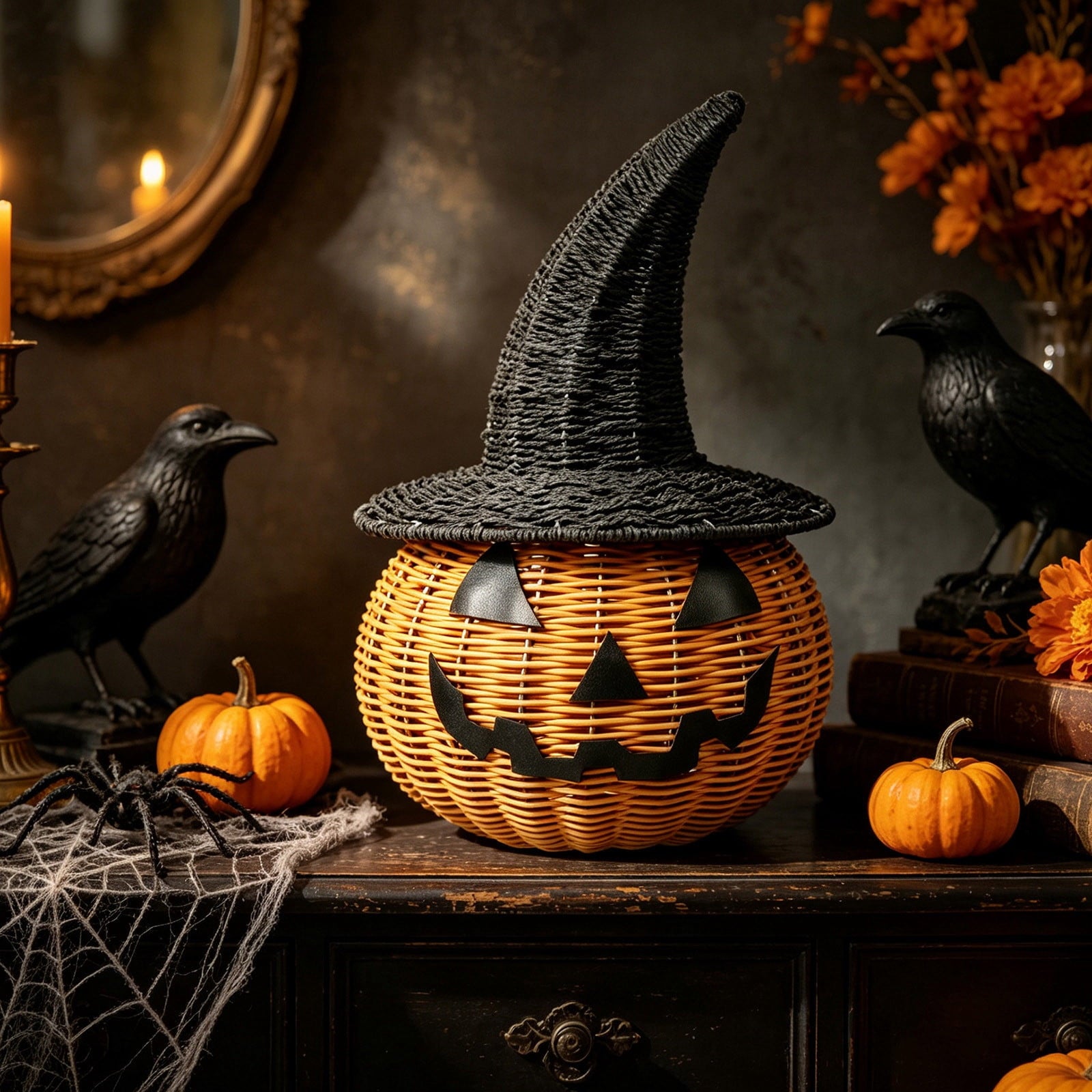 Spooksy™ Hand-Woven Pumpkin Witch Hat Halloween Decor, Natural Textured Freestanding Ornament, Weather Resistant Multipurpose Holiday Accessory, Seasonal Display for Front Door Porch Tabletop Entryway