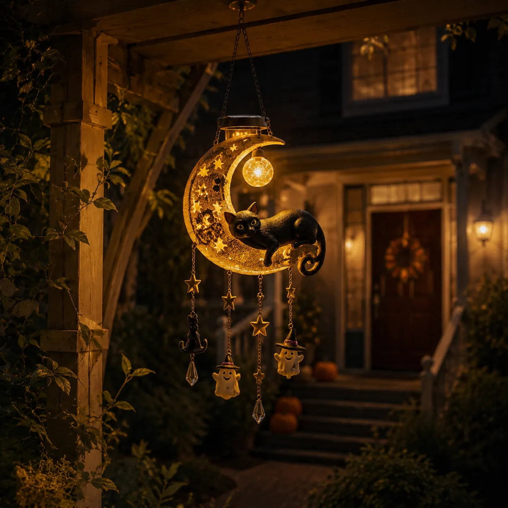 Spooksy™ Homellea Crescent Moon Black Cat Solar Hanging Light, Halloween Resin Ornament with Ghost, Star and Crystal Look Drops for Tree, Porch, Patio, Garden, Balcony and Seasonal Outdoor Display
