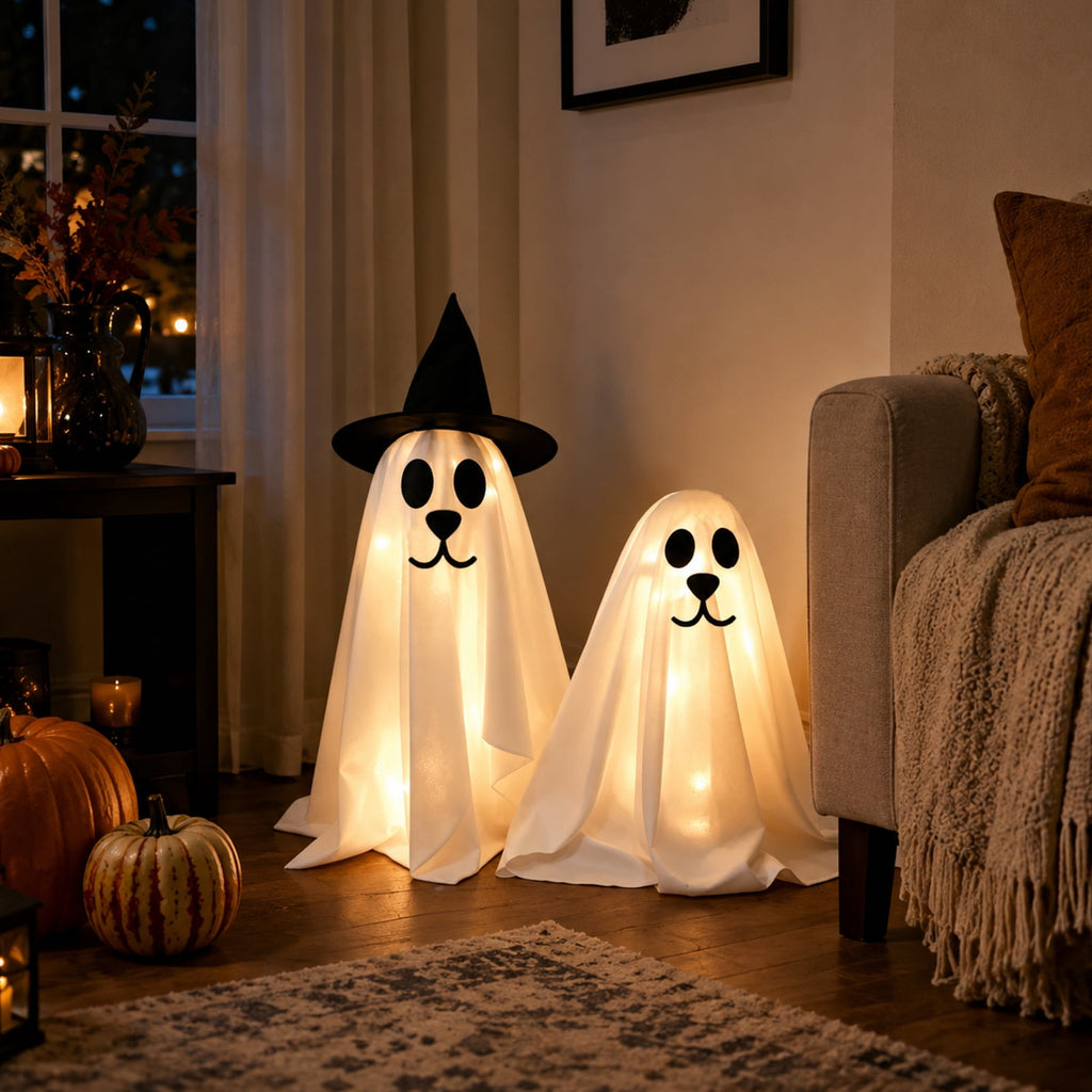 Spooksy™ 2 Pack Standing Ghost Dog Halloween Decorations, Cute Spooky Yard Lawn Porch Decor, Weather Resistant Plastic Figurines for Outdoor Indoor Home Party Display