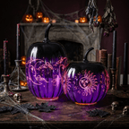 Spooksy™ 2pcs Fall Halloween Pumpkin-Purple Glass Pumpkin Ornament with Enchanted Moon & Star Pattern and Built - in Fairy Lights for Decor