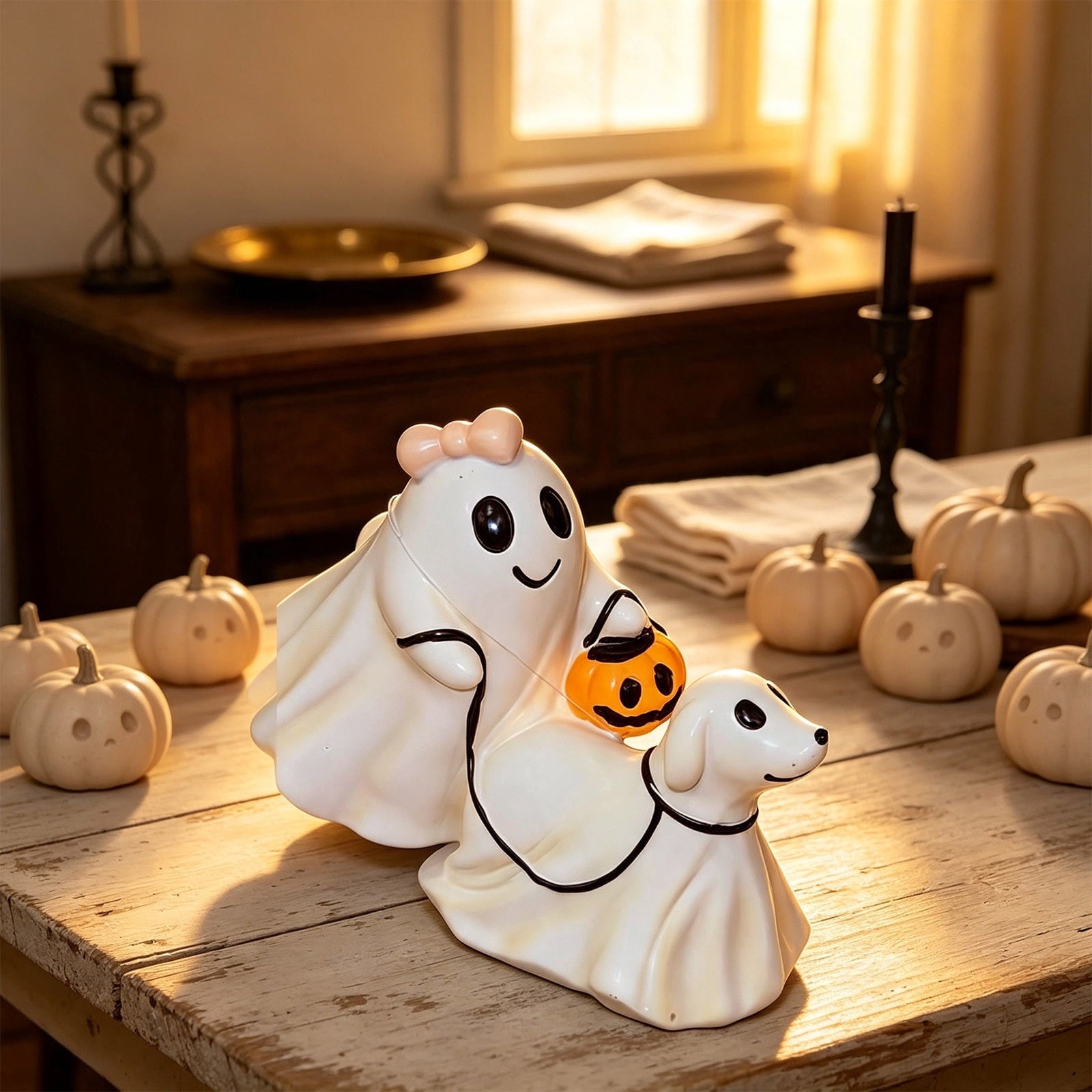 Spooksy™ Vintage Halloween Ghost Statue, Resin Gothic Figurine Ornament with Classic Spooky Character Design, Handcrafted Tabletop Decoration for Shelf Mantel Coffee Table Bar Holiday Party Home Display-A