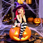 Spooksy™ Halloween Witch Shelf Sitter Figurine Set,3 Pc Gothic Witch Girl Statue With Cat Companion,Witchy Home Decor,Cute Spooky Edge Sitting Witch Decor,Whimsical Tabletop Ornament For Mantel Shelf Office