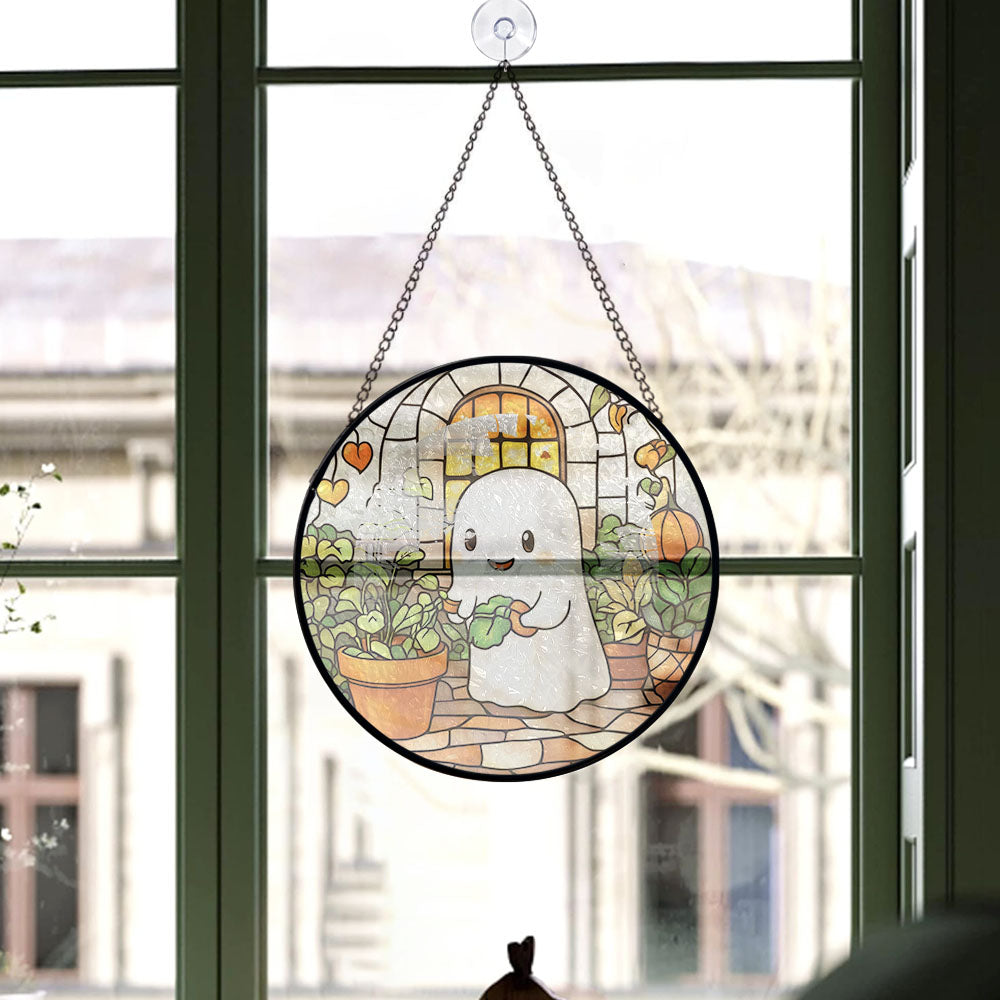 Spooksy™ Inspirational Christmas Gift - Cute Ghost Reading Book Halloween Ghost Fall Hosting Stained Glass Hanging Ornament - Sparkling Christmas Tree Decoration, Holiday Gift for Family & Friends
