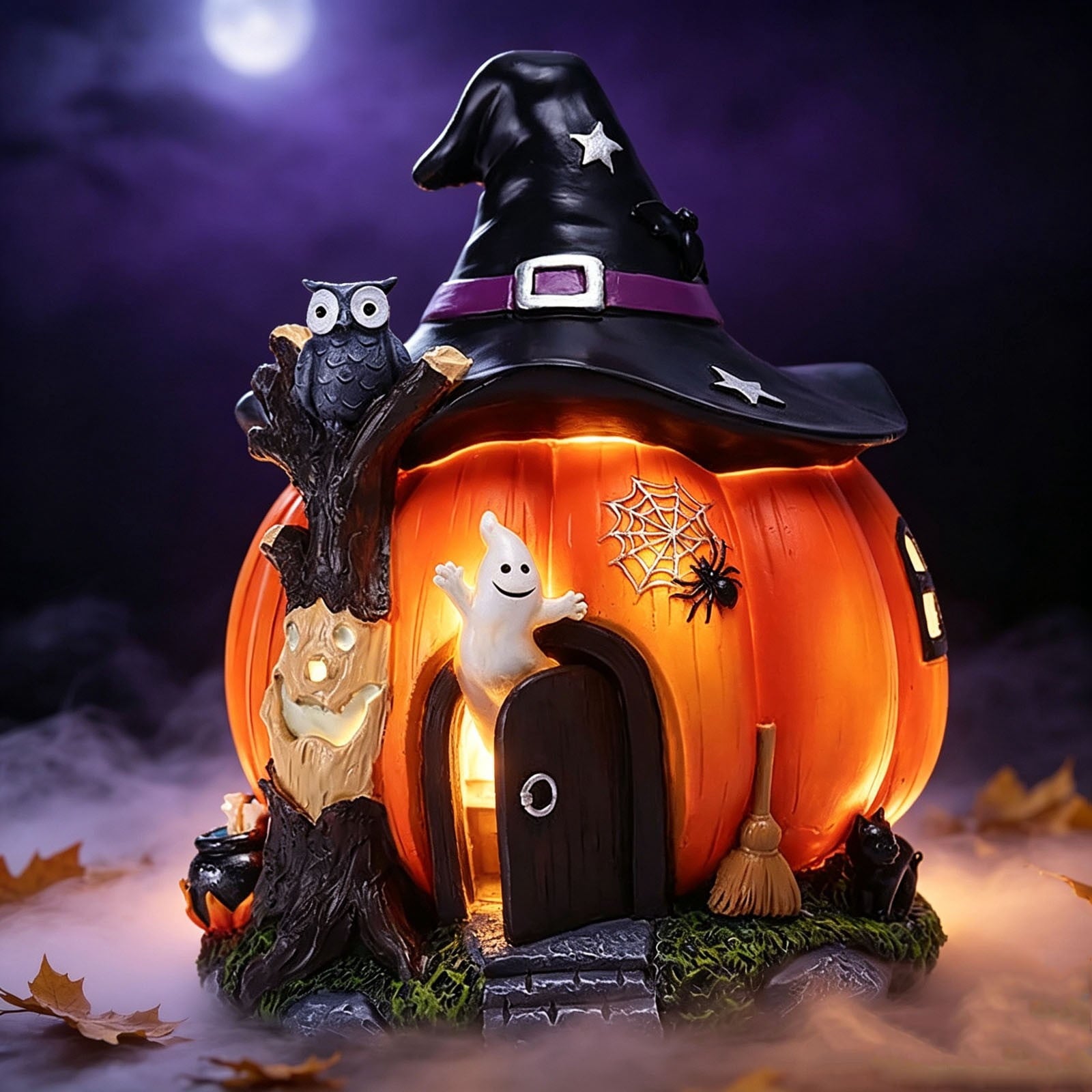 Spooksy™ Luminous Resin Witch Pumpkin House Figurine, Intricate Details Stable Resin Warm Built In Lighting, Festive Desktop Ornament, Craft for Living Room Porch Halloween Party Space