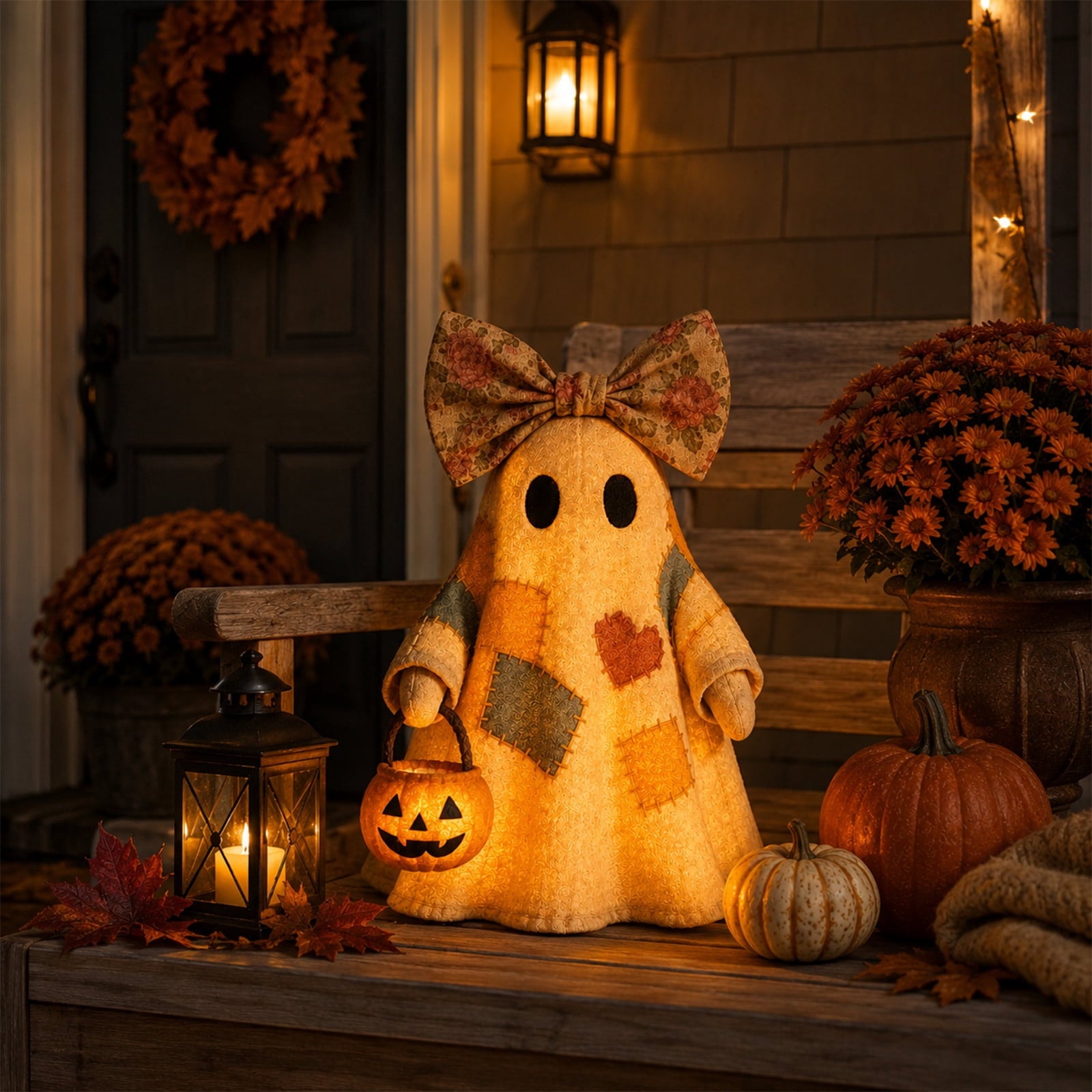 Spooksy™ 1PCS 13.78 inch Lighted Vintage Patchwork Ghost, Retro Quilted Light Up Figurine, Farmhouse Style Halloween Ornament for Seasonal Home Display