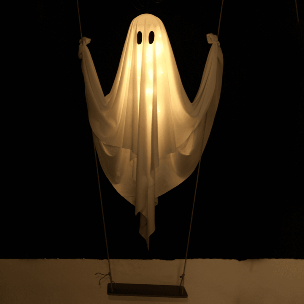 Spooksy™ LED Light Up White Cloth Ghost Swing Tree Hanging Decor, Spooky Flying Ghost On Wooden Swing Outdoor Yard Porch Ornament, Halloween Haunted House Party Tree Hanging Seasonal Atmosphere Decor Gift