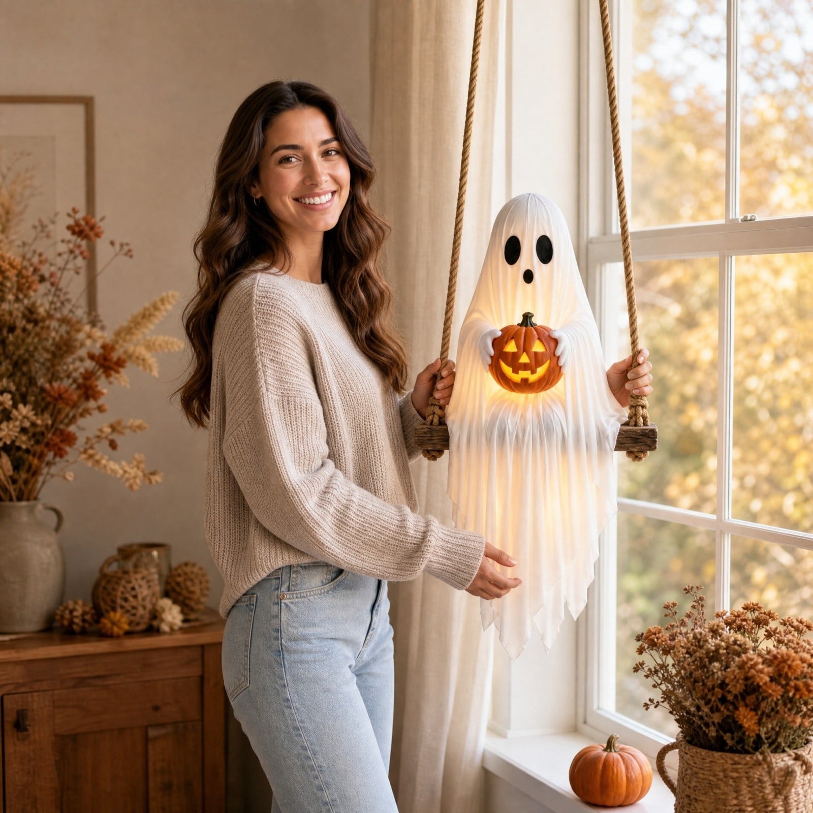 Spooksy™ Halloween Swing Ghost Pumpkin Hanging Decor Warm Led Strip Cute Gentle Halloween Ornament With Wood Base Rope For Garden Tree Porch Balcony Party