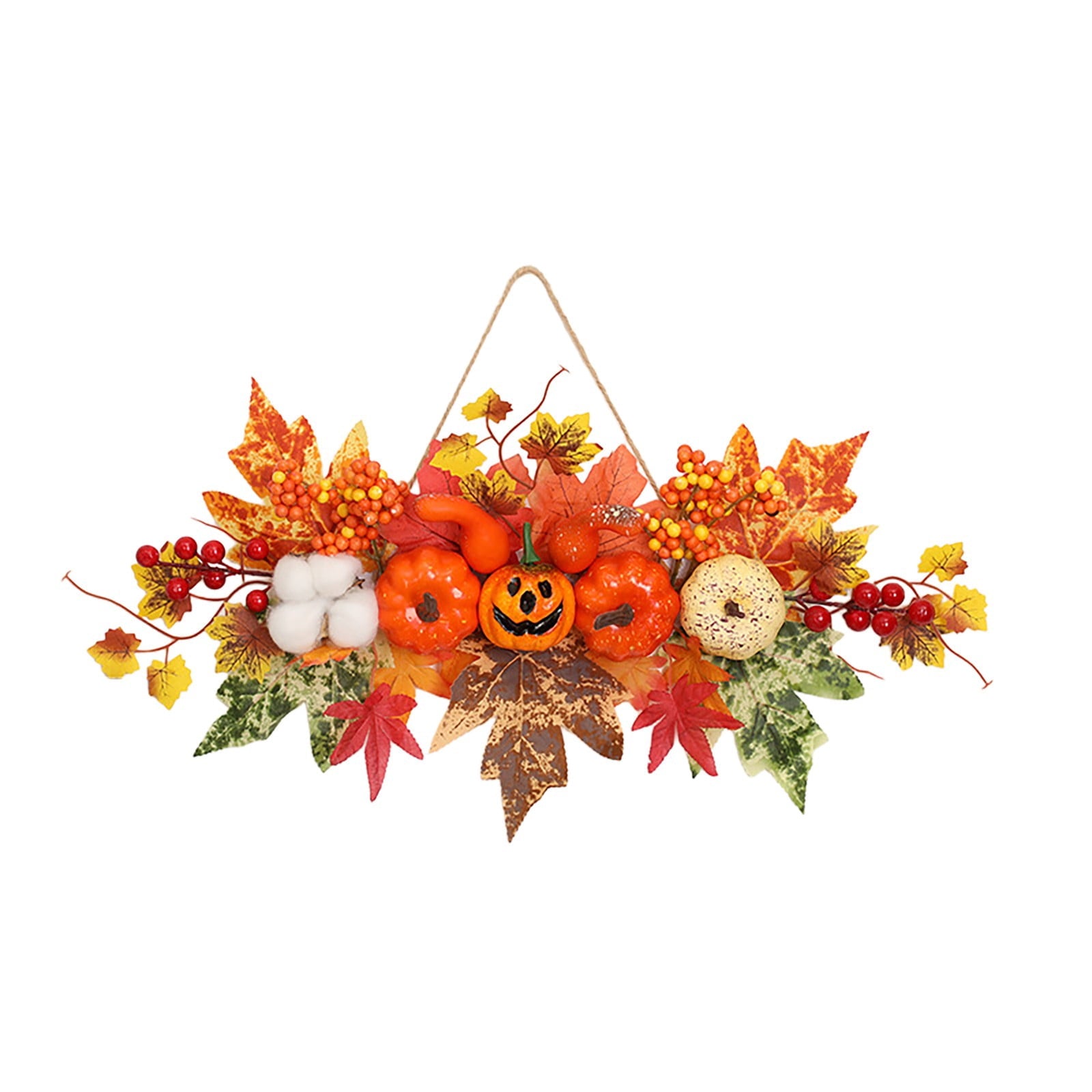 Spooksy™ Fall Harvest Pumpkin Maple Leaf Hanging Decor 18x13 Inch, Thanksgiving Halloween Door Wall Ornament with Jute Rope, Rustic Farmhouse Indoor Outdoor Porch Party Decoration