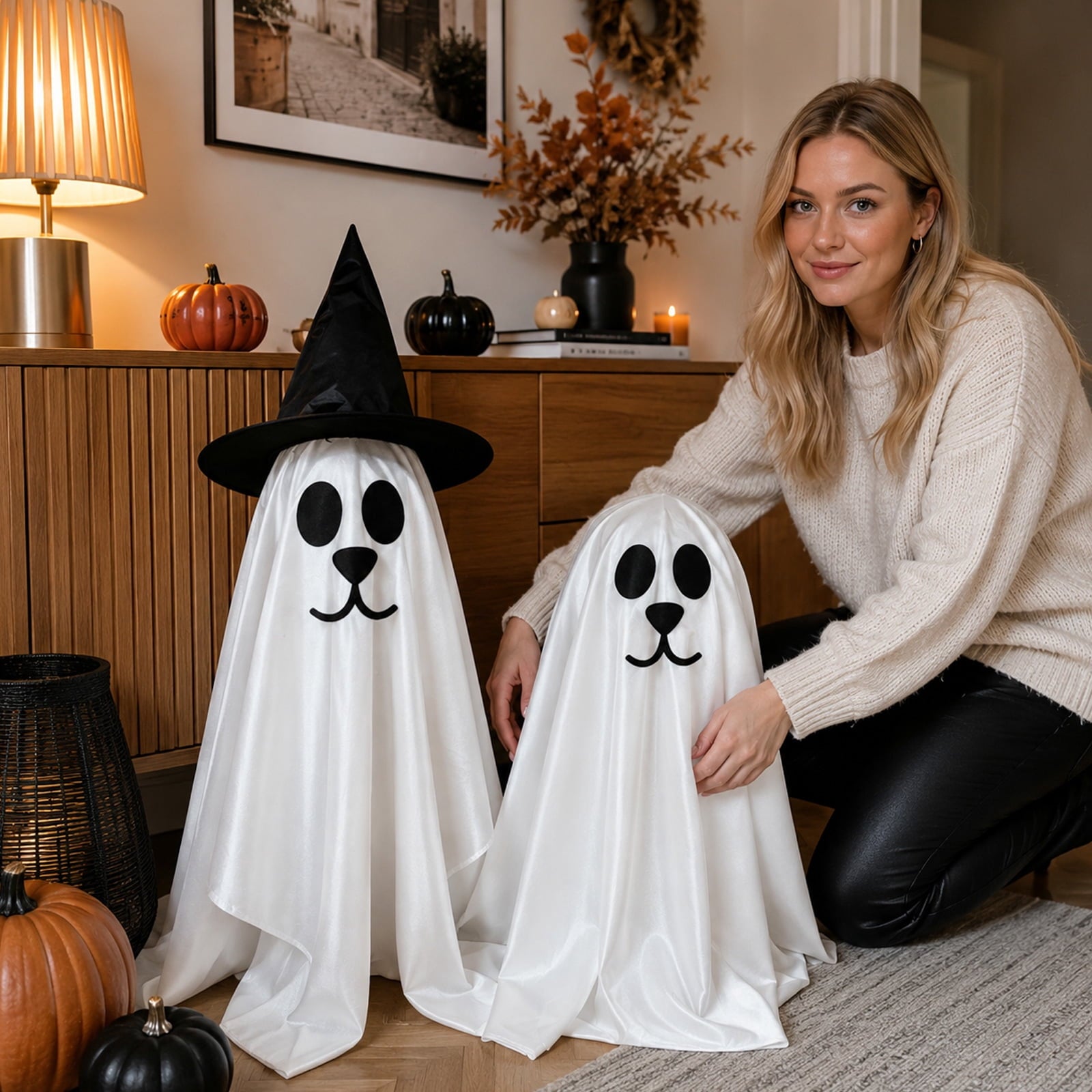Spooksy™ 2 Pack Standing Ghost Dog Halloween Decorations, Cute Spooky Yard Lawn Porch Decor, Weather Resistant Plastic Figurines for Outdoor Indoor Home Party Display