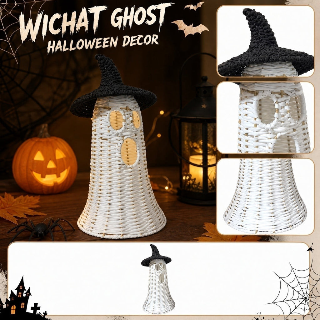 Spooksy™ White Ghost with Witch Hat, Ghost Ornaments Holiday Home Decor Halloween Tabletop Cute Ghost Figurines for Party Mantel Shelf Display Festive Celebrations