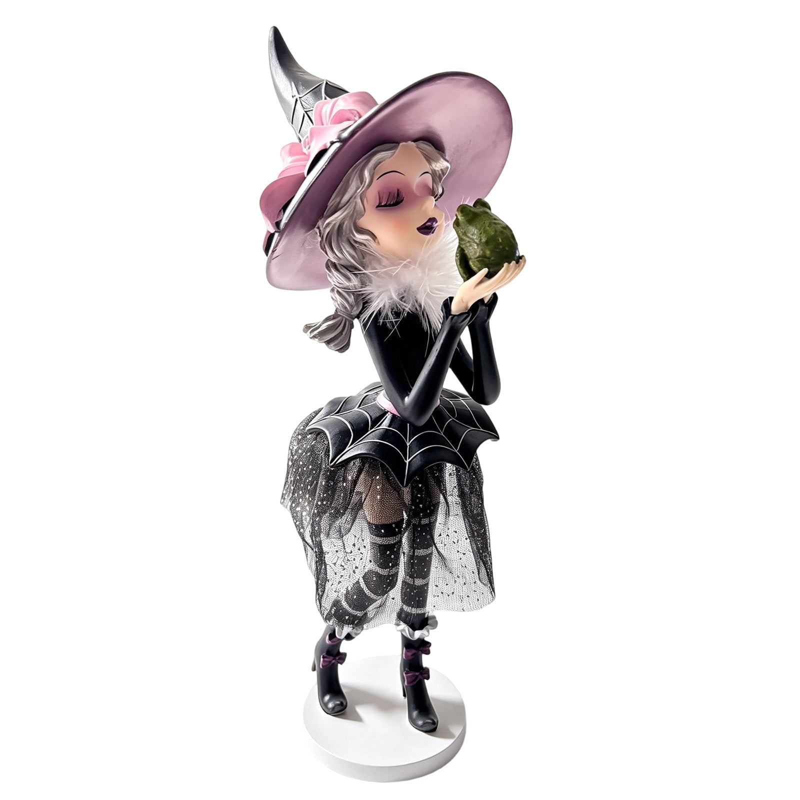Spooksy™ Halloween Cute Witch Resin Figurine, Stable Base Vintage Mesh Skirt Tabletop Statue, Family Friendly Whimsical Holiday Ornament, Decor for Mantel Shelf Entryway Halloween Party Table