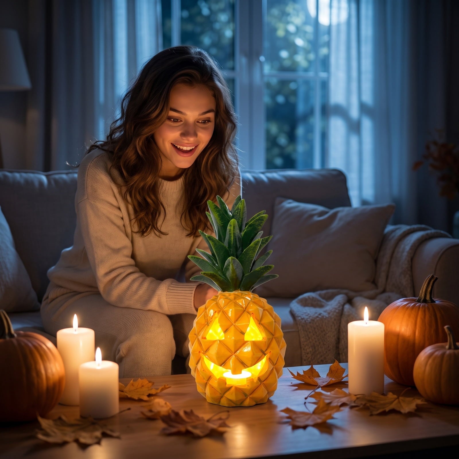 Spooksy™ Halloween Decor Figurine, Pineapple Pumpkin Ornament with Bright Colors, Summer Party Table Centerpiece and Holiday Home Accent