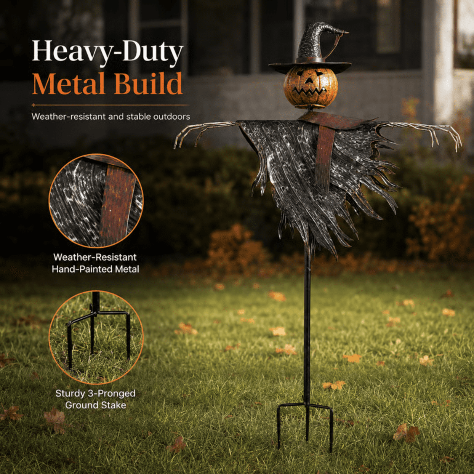Spooksy™ Solar Lighted Pumpkin Scarecrow Sentinel, Handâ??Painted Metal Lightâ??Up Jackâ??oâ??Lantern Ornament, Solar Powered Yard Art, Spooky Decor for Halloween Party, Garden and Backyard