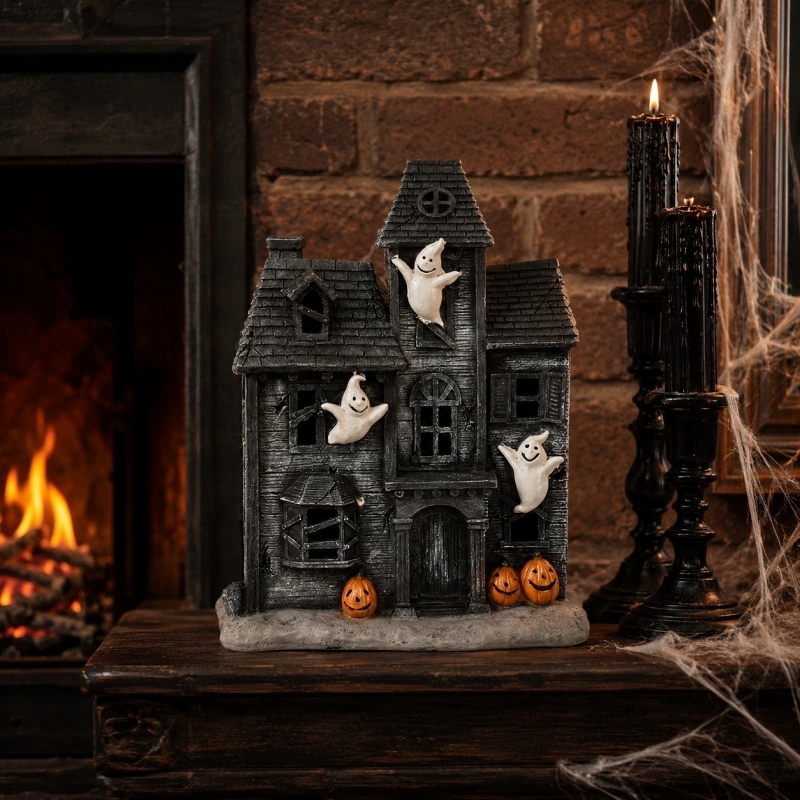 Spooksy™ Haunted House Figurine with Ghosts and Pumpkin Decor, Vintage Style Hanging Ghost Ornaments, Halloween Mantel Shelf Tabletop Centerpiece for Indoor Party
