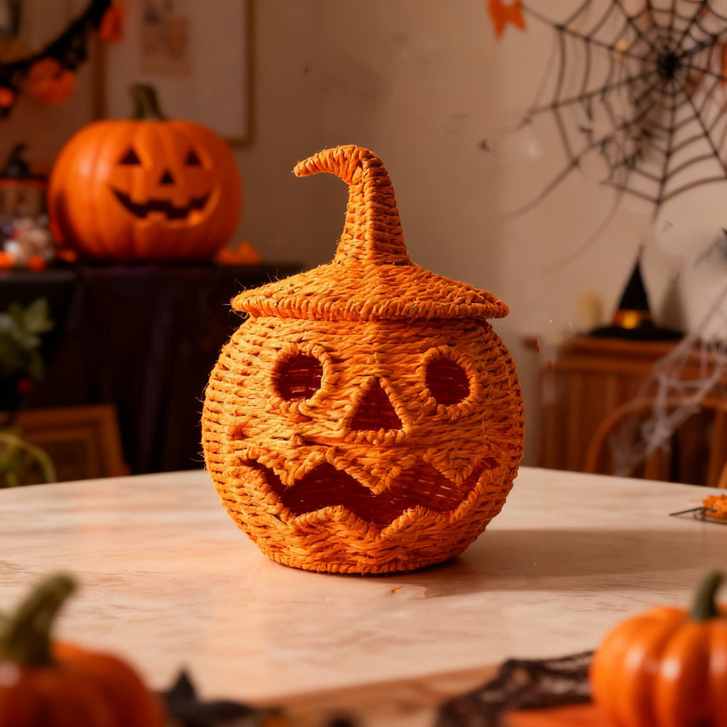 Spooksy™ Hand Woven Jack O Lantern Pumpkin Desktop Ornament Spooky Hollow Pumpkin Figurine For Shelf Mantel Tabletop Halloween Gothic Fall Home Decor(Style A-Orange)