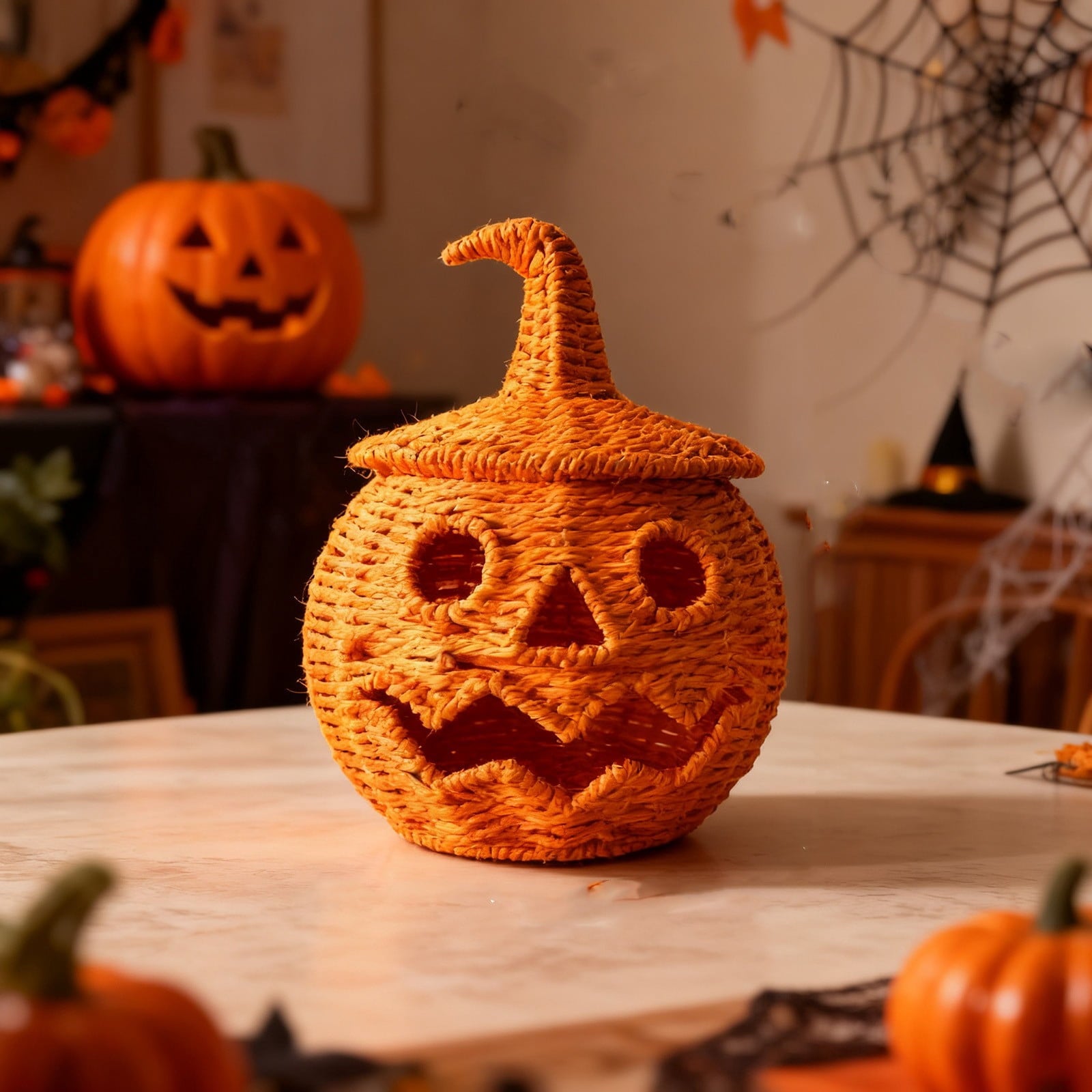 Spooksy™ Hand Woven Jack O Lantern Pumpkin Desktop Ornament Spooky Hollow Pumpkin Figurine For Shelf Mantel Tabletop Halloween Gothic Fall Home Decor(Style A-Orange)
