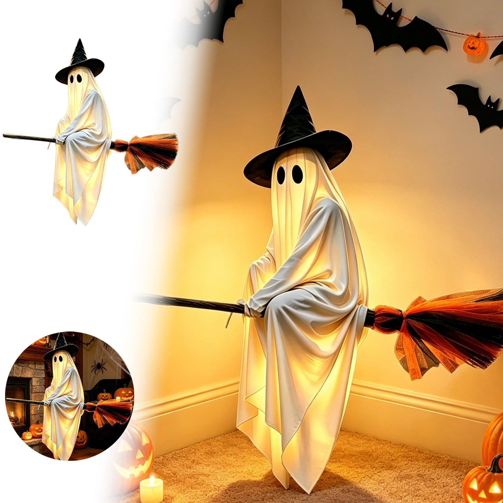 Spooksy™ Halloween Glowing Ornament with Lighted Witch Hat - Flying Hanging Decor for Home Porch Yard, Holiday Scene Prop for Halloween Celebration