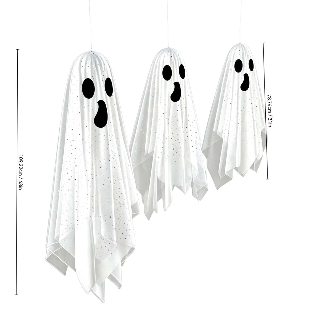 Spooksy™ OCCOA 3 Pack Hanging Ghost Decorations White Glitter Cloth Ghost Ornaments with Surprised Face for Halloween Indoor Outdoor Party Porch, White
