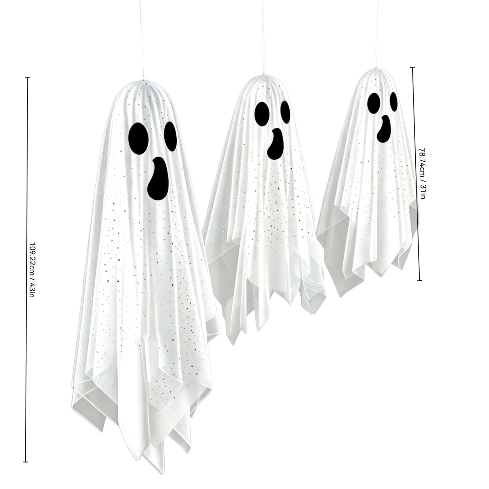 Spooksy™ OCCOA 3 Pack Hanging Ghost Decorations White Glitter Cloth Ghost Ornaments with Surprised Face for Halloween Indoor Outdoor Party Porch, White