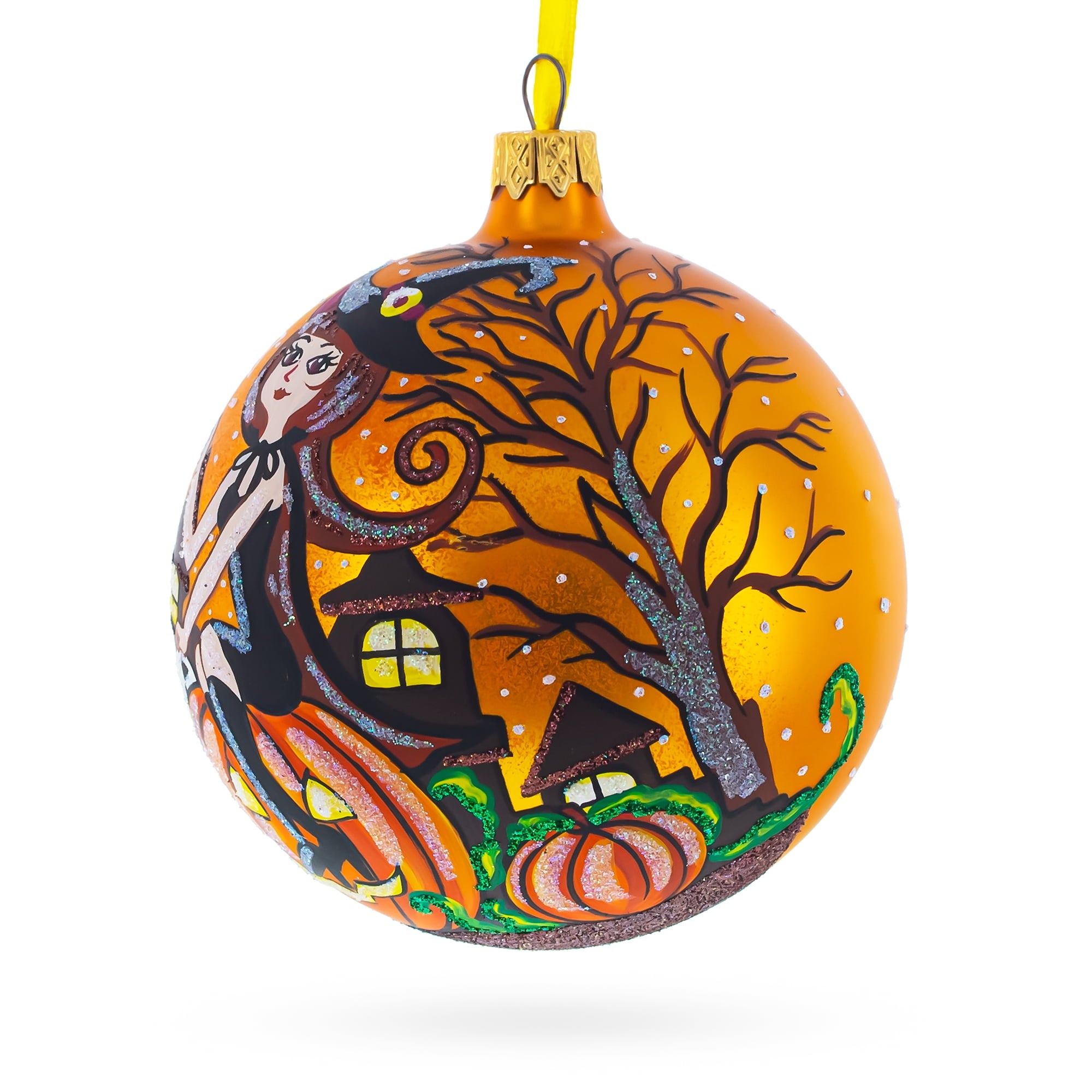 Spooksy™ Enchanting Witch Riding Pumpkin Glass Ball Halloween Ornament 4 Inches