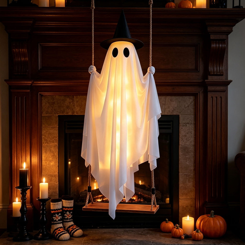 Spooksy™ Qwtwty Halloween Hanging Swinging Ghost Decor, Large Flying Ghost Halloween Ornaments with Witch Hat for Front Yard Patio Lawn Garden Party Decor