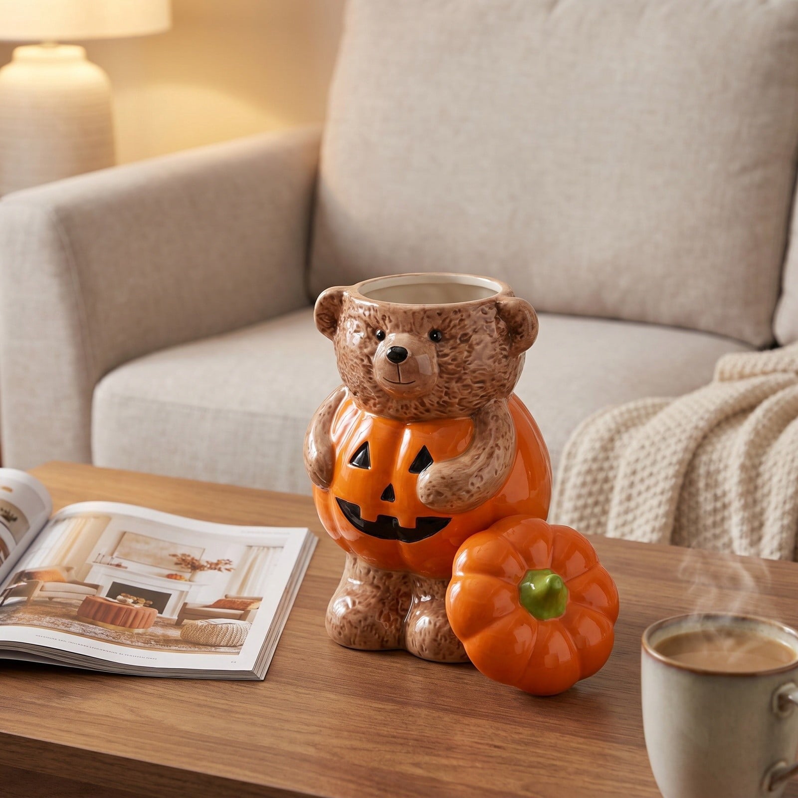 Spooksy™ Halloween Pumpkin Teddy Bear Candy Jar, Festive Snack Storage Container Decorative Resin Ornament, Cute Display Candy Holder for Kitchen Table Party Halloween Home Decoration Gift