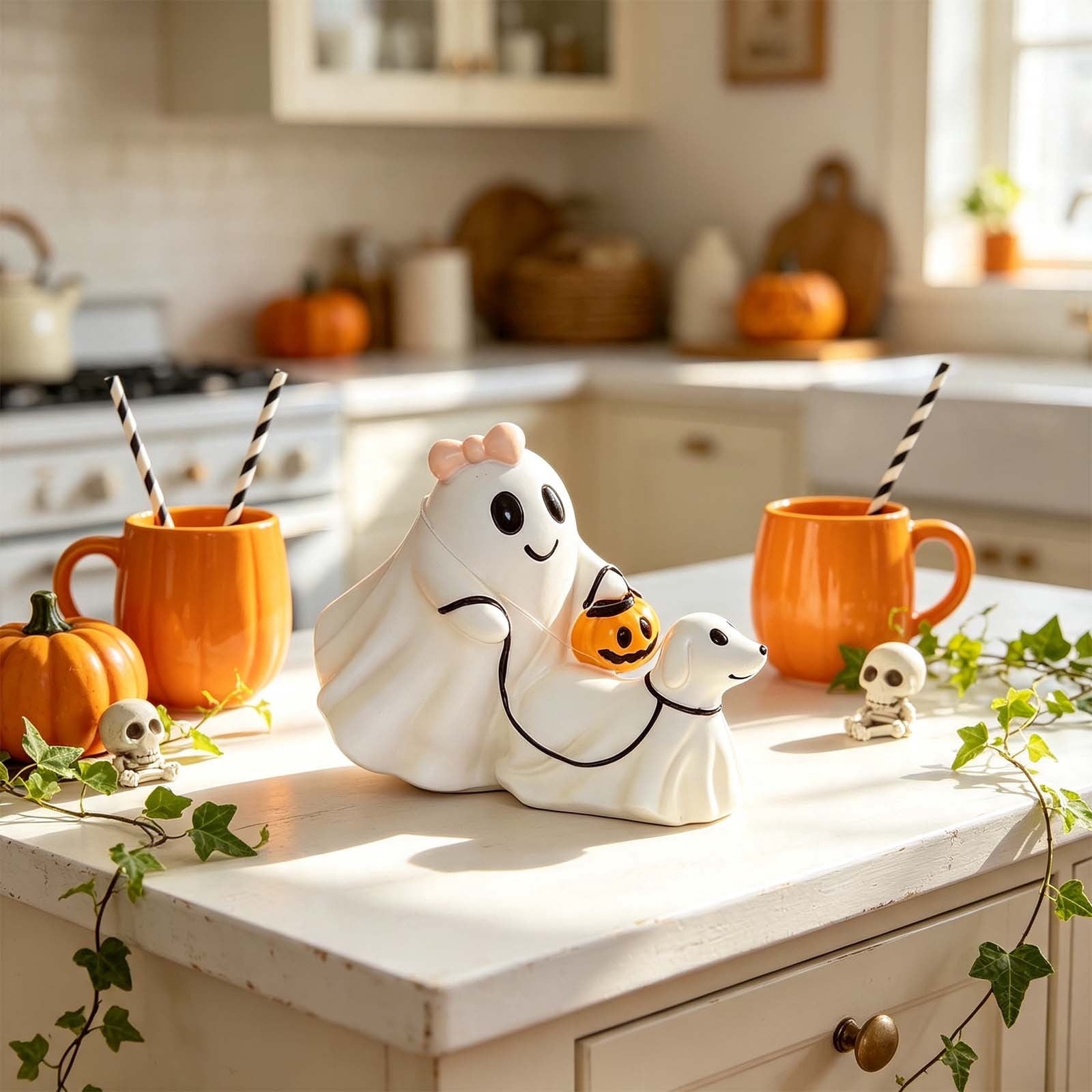 Spooksy™ Vintage Halloween Ghost Statue, Resin Gothic Figurine Ornament with Classic Spooky Character Design, Handcrafted Tabletop Decoration for Shelf Mantel Coffee Table Bar Holiday Party Home Display-A