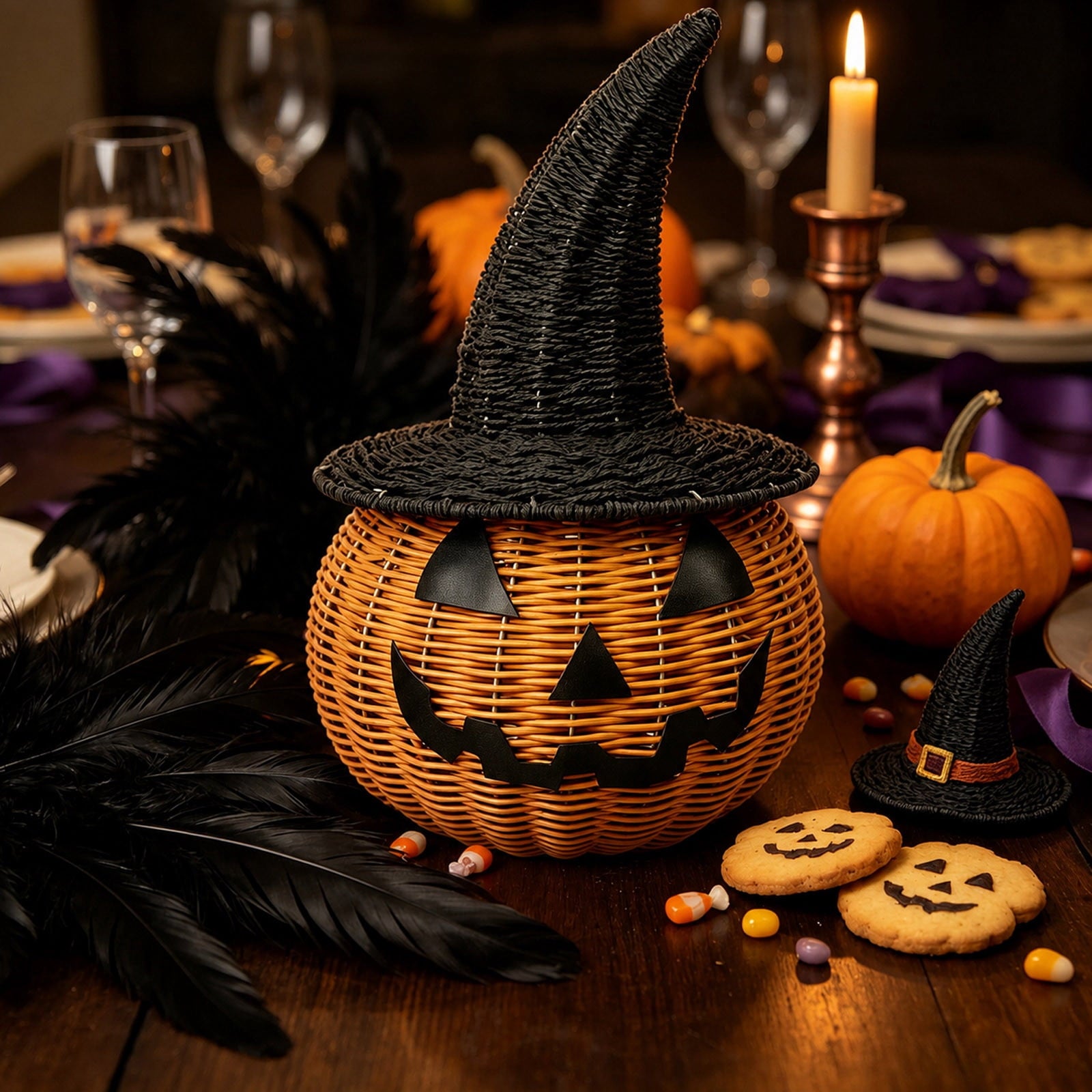 Spooksy™ Hand-Woven Pumpkin Witch Hat Halloween Decor, Natural Textured Freestanding Ornament, Weather Resistant Multipurpose Holiday Accessory, Seasonal Display for Front Door Porch Tabletop Entryway