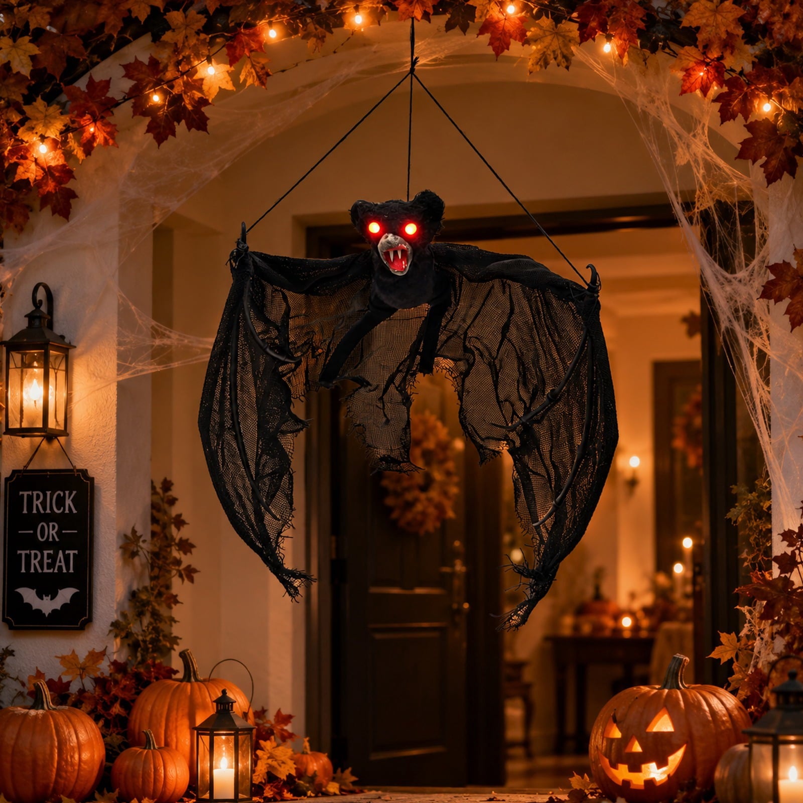 Spooksy™ Spooky Halloween Bat Hanging Prop, Large Scary Bat Decoration with LED Red Eyes, Creepy Black Bat Ornament for Halloween Haunted House, Door, Yard Decor