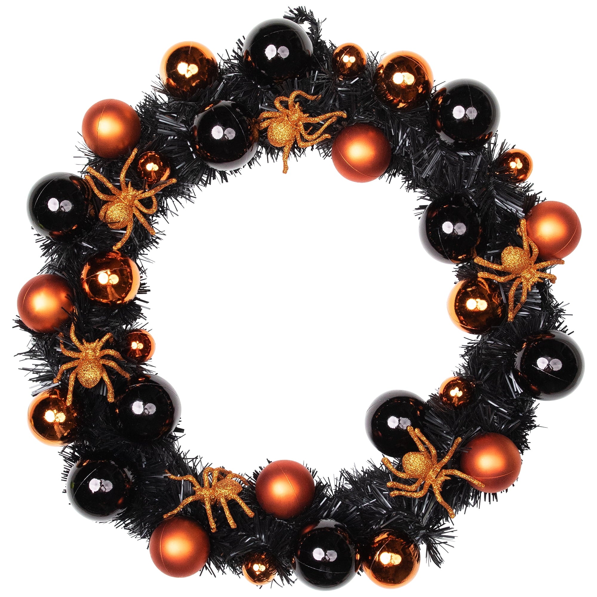 Spooksy™ Northlight Spiders and Ornaments Small Tinsel Halloween Wreath - 18" - Orange and Black - Unlit