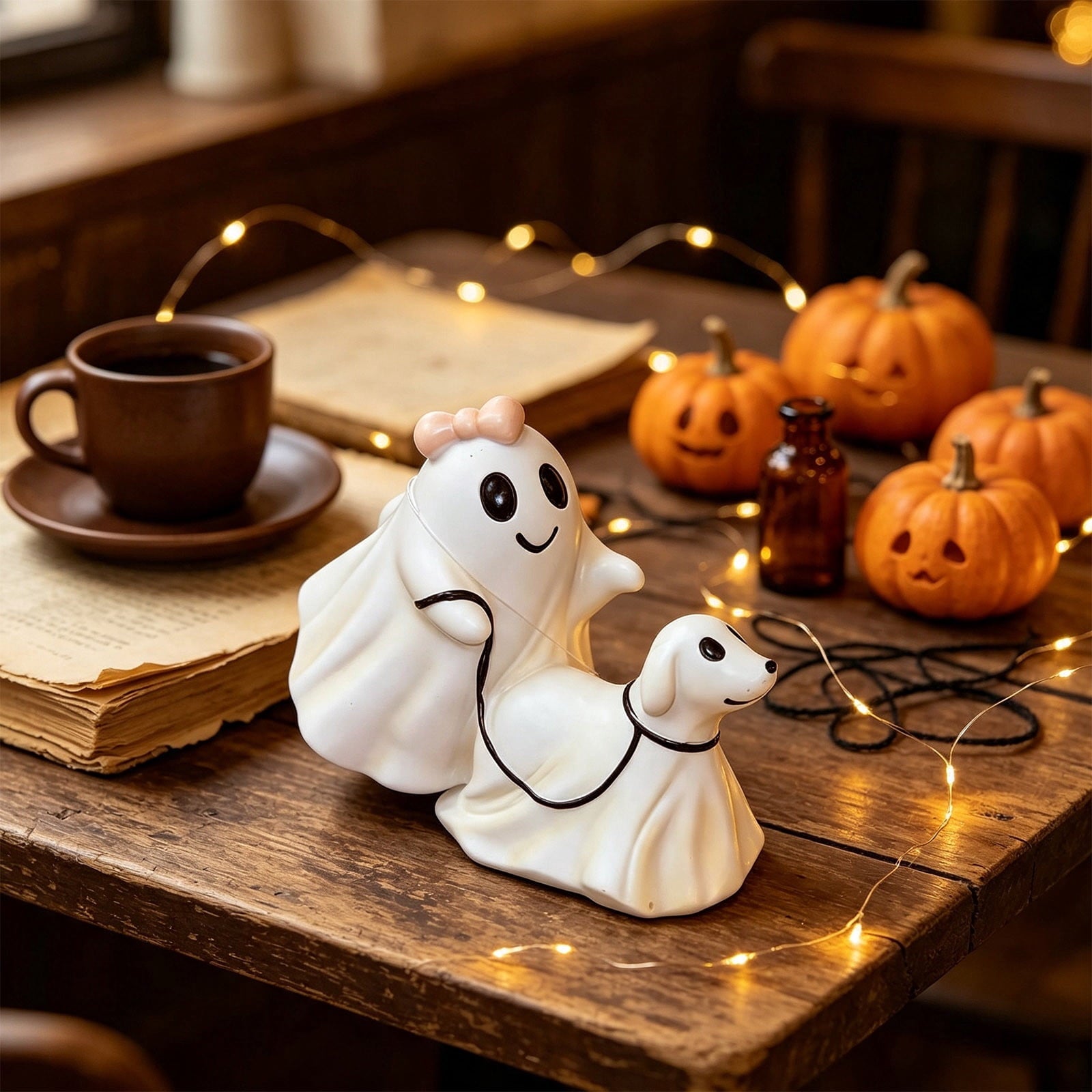 Spooksy™ Vintage Halloween Ghost Statue, Resin Gothic Figurine Ornament with Classic Spooky Character Design, Handcrafted Tabletop Decoration for Shelf Mantel Coffee Table Bar Holiday Party Home Display-A