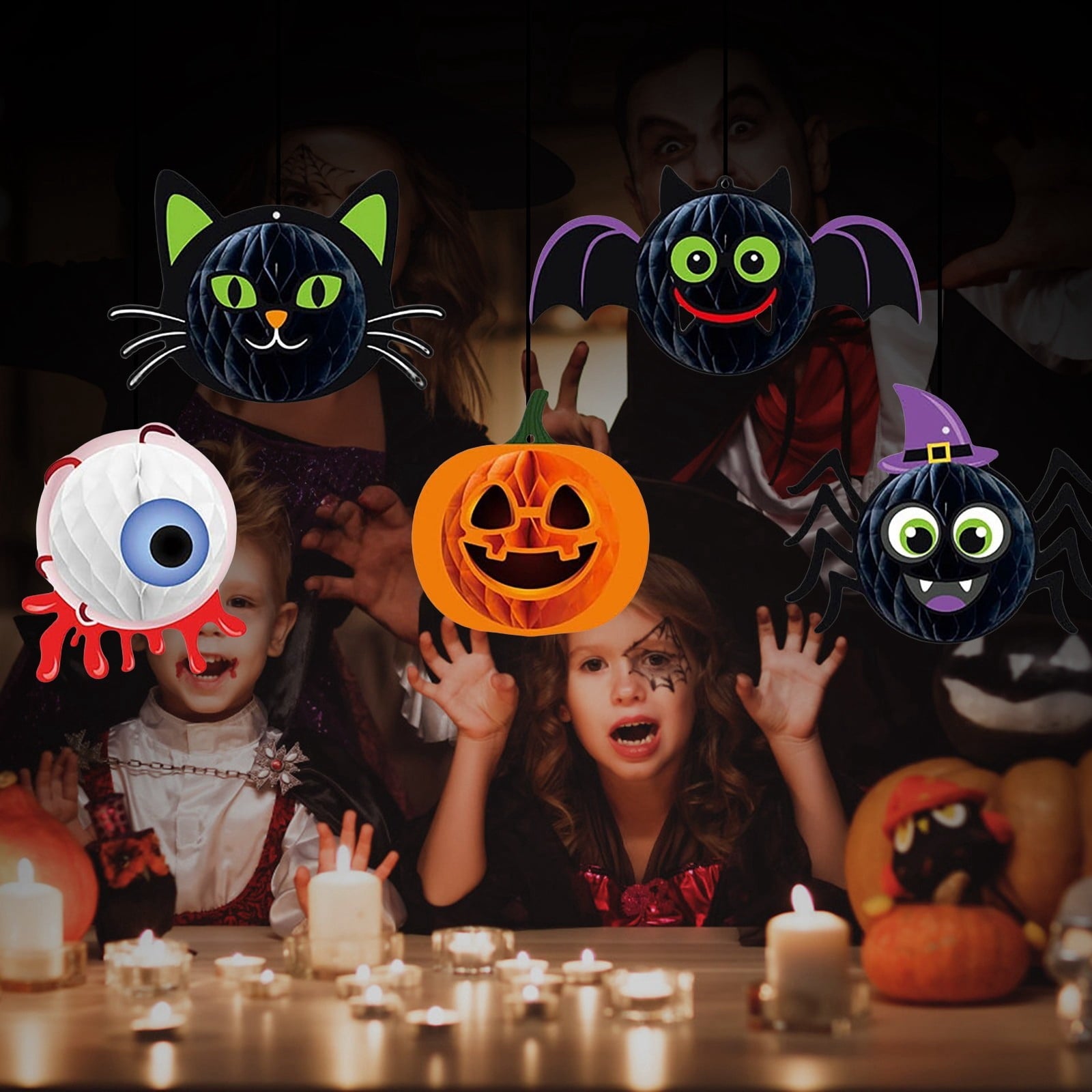 Spooksy™ Halloween Party Decorations 3D Hanging Honeycomb Ornaments Retro Pumpkin Skull Ghost Paper Ornaments Set with Hanging Rope for Indoor Haunted House Ceiling Decor 6 Pcs