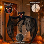 Spooksy™ Spooky Halloween Bat Hanging Prop, Large Scary Bat Decoration with LED Red Eyes, Creepy Black Bat Ornament for Halloween Haunted House, Door, Yard Decor
