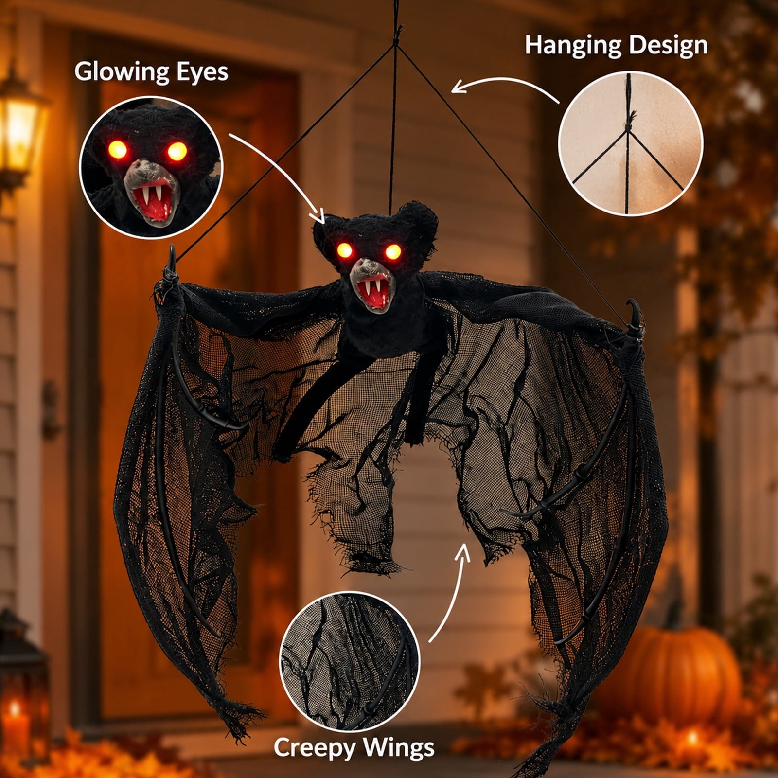 Spooksy™ Spooky Halloween Bat Hanging Prop, Large Scary Bat Decoration with LED Red Eyes, Creepy Black Bat Ornament for Halloween Haunted House, Door, Yard Decor