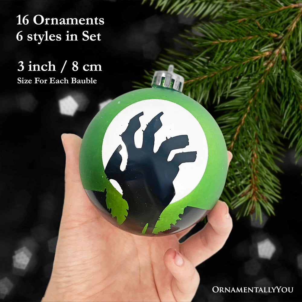 Spooksy™ The Face of Spooky Horror 16 Piece Ornament Shatterproof Bundle Set, Halloween Pumpkin, Zombie, and Goblin