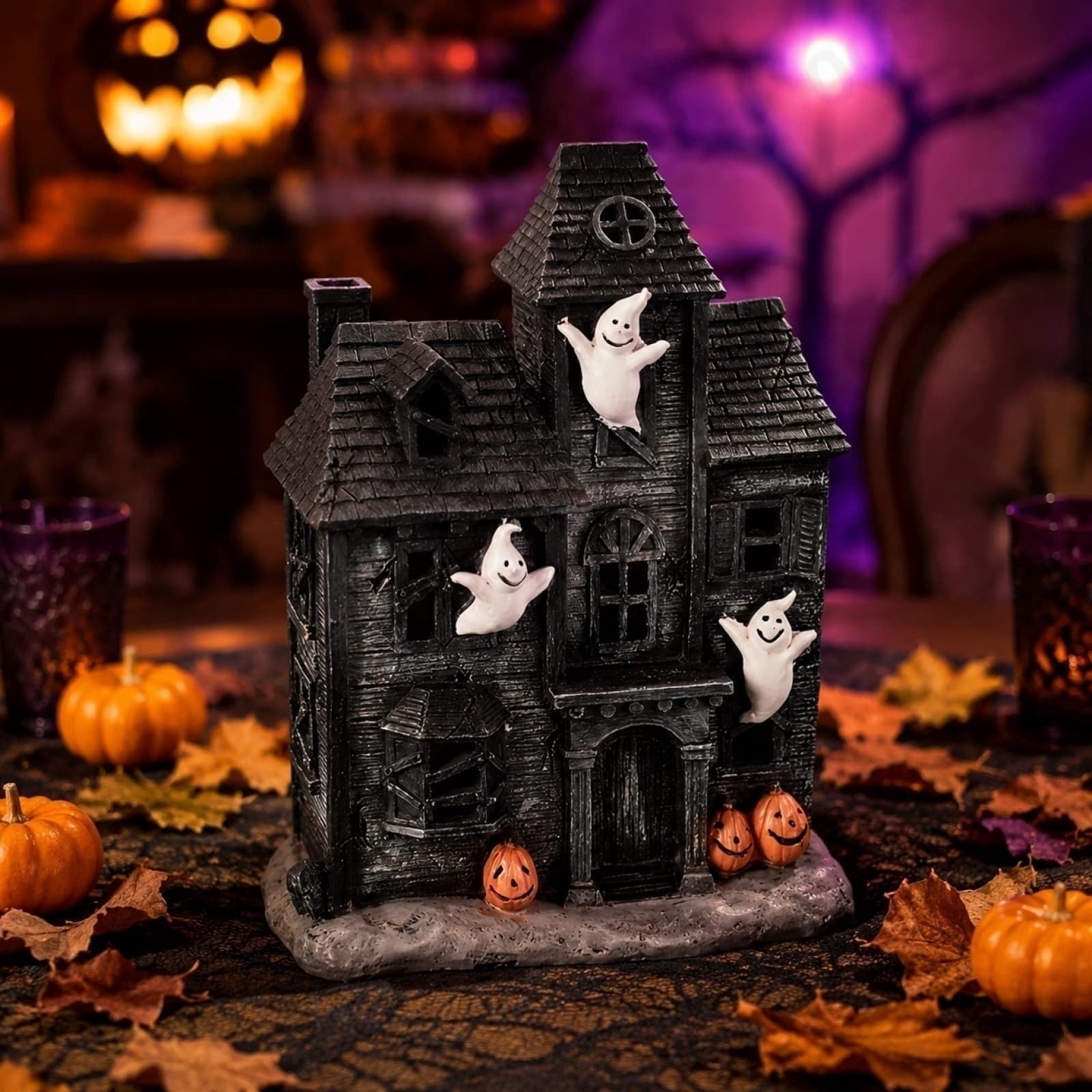 Spooksy™ Haunted House Figurine with Ghosts and Pumpkin Decor, Vintage Style Hanging Ghost Ornaments, Halloween Mantel Shelf Tabletop Centerpiece for Indoor Party