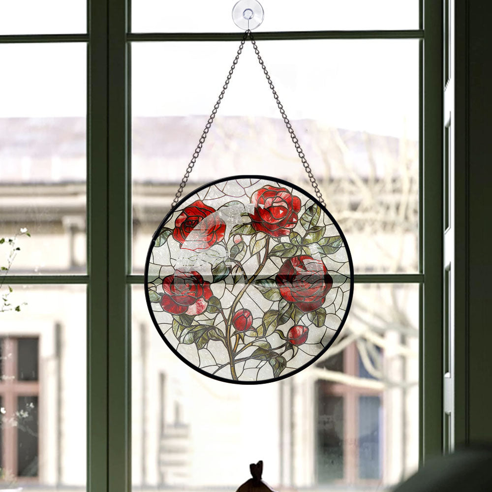 Spooksy™ Neighbor Christmas Gift - Valentine Rose Halloween Christmas Stained Glass Hanging Ornament - Red & Green Holiday Tree Decor, Gift for Friends, Family, Mom & Dad