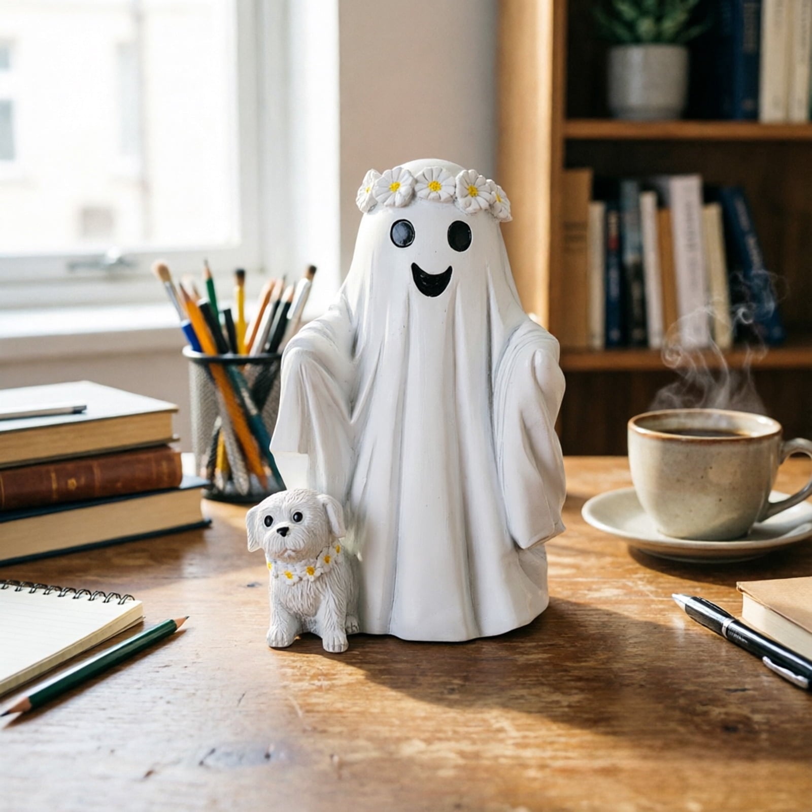 Spooksy™ Hand Painted White Ghost Walking Dog Statue Weatherproof Halloween Ornament for Farmhouse Porch Indoor Shelf Seasonal Decor(Whiteï¼?